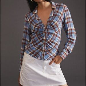 Anthropologie Pilcro Light Blue & Brown Plaid Ruched Button-Up Women’s Top XS
